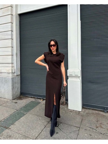 ermi γυναικείο μιντι φόρεμα με ανοιγμα μπροστα (καφε)