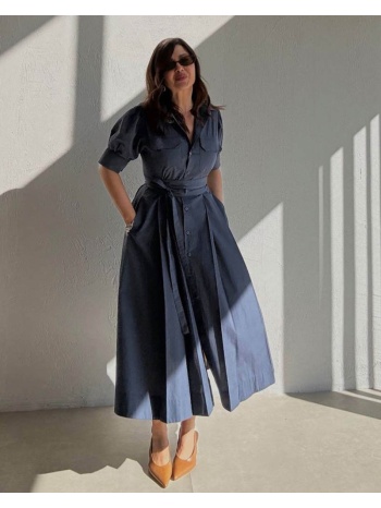 massimo γυναικείο μιντι φόρεμα με ζώνη σκουρο μπλε