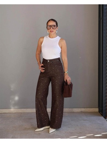 lenora γυναικείο καφέ jean με στρας ίσιο μπατζάκι