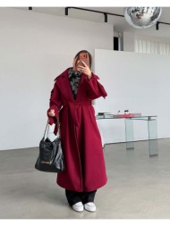 vera γυναίκειο μακρύ παλτό με λεπτομέρειες στα μανίκια και ζώνη στη μέση βυσσινί