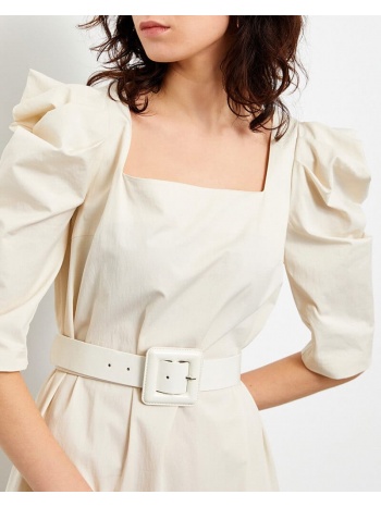 midi γυναικείο φόρεμα μπεζ-καφε colour block με ζώνη 45%