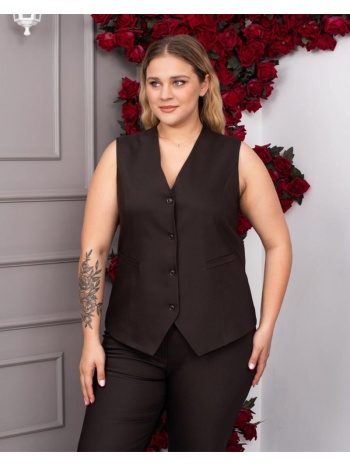 yuma γυναίκειο γιλέκο με κουμπιά σκούρο καφε big size 95%