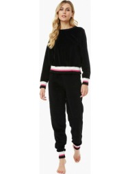 minerva χειμερινό γυναικείο σετ πιτζάμας βελουτέ μαύρο