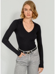 πλεκτό ριπ τοπ με γιακά και μακριά μανίκια (black)