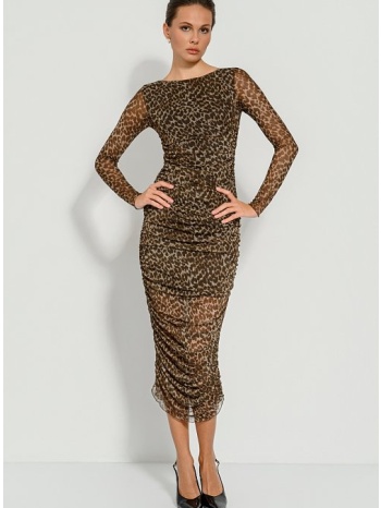 midi λεοπάρ mesh φόρεμα με σούρες (multi) σε προσφορά
