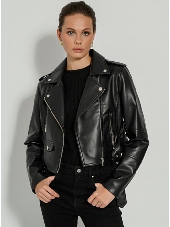 κροπ biker τζάκετ με ζώνη σε όψη δερματίνης (black)