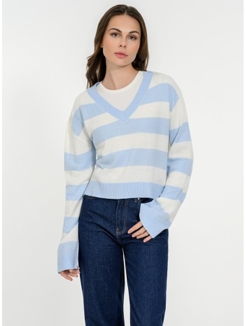 πλεκτό ριγέ πουλόβερ με v λαιμόκοψη (ciel.offwht)