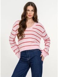 πλεκτό ριγέ πουλόβερ με v λαιμόκοψη (pink.red)