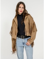 σουέτ κοντό τζάκετ με κρόσσια (camel)