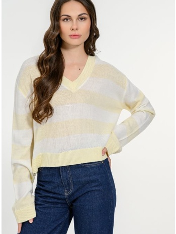 πλεκτό ριγέ πουλόβερ με v λαιμόκοψη (yellow-wht)