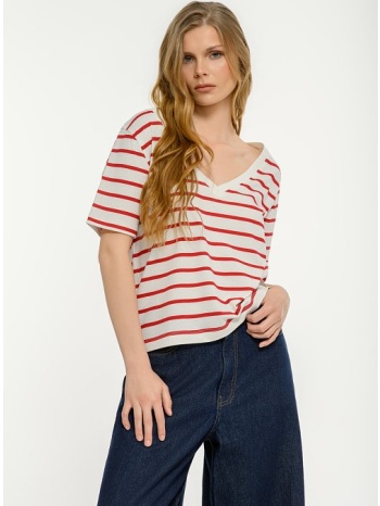 ριγέ t-shirt με v λαιμόκοψη (red.offwhite)