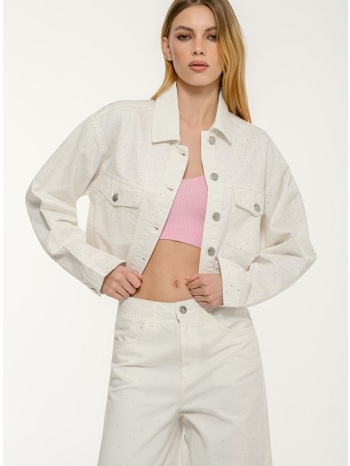 κοντό ντένιμ τζάκετ με ξέφτια και στρας (white)
