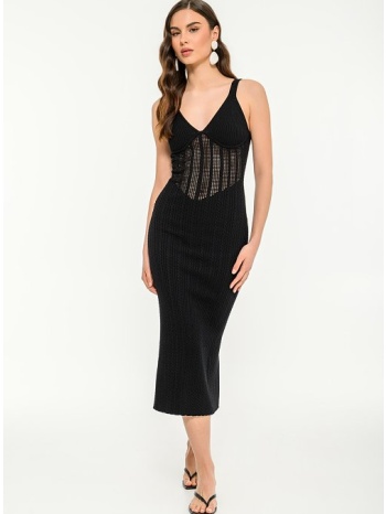 midi πλεκτό εφαρμοστό φόρεμα με κροσέ σχέδιο (black)