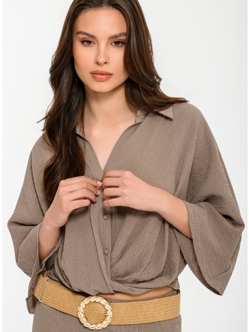 κροπ γκοφρέ πουκάμισο με φαρδιά μανίκια (taupe)