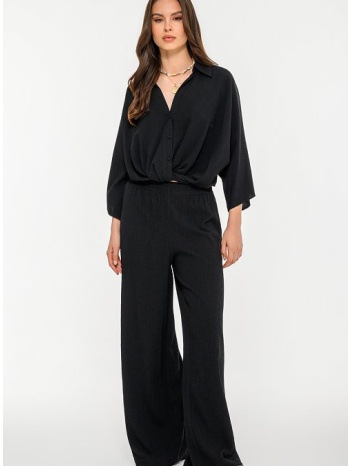 wide leg γκοφρέ παντελόνα με λάστιχο (black)