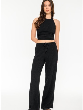 wide leg γκοφρέ παντελόνα με λάστιχο (black)