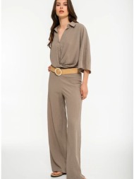 wide leg γκοφρέ παντελόνα με λάστιχο (taupe)