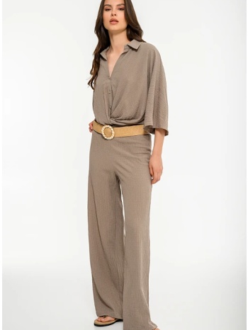 wide leg γκοφρέ παντελόνα με λάστιχο (taupe)