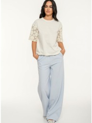 t-shirt με κροσέ μανίκια με λουλούδια (cream)