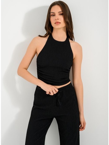 halter γκοφρέ crop τοπ με σούρες (black)