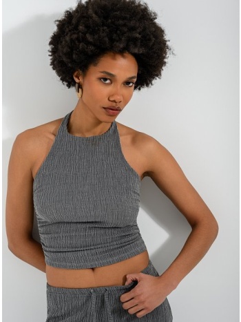 halter γκοφρέ crop τοπ με σούρες (grey)