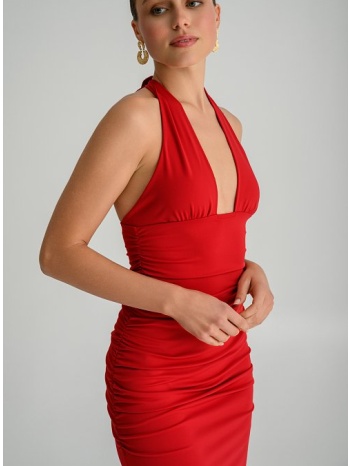 maxi λύκρα halter φόρεμα με σούρες (red)