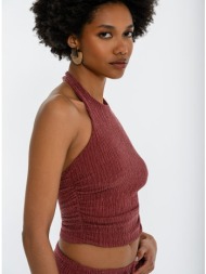 halter γκοφρέ crop τοπ με σούρες (terracota)