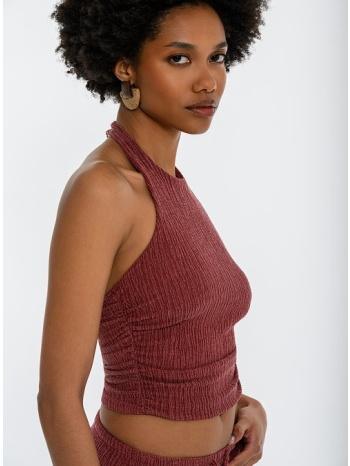 halter γκοφρέ crop τοπ με σούρες (terracota)