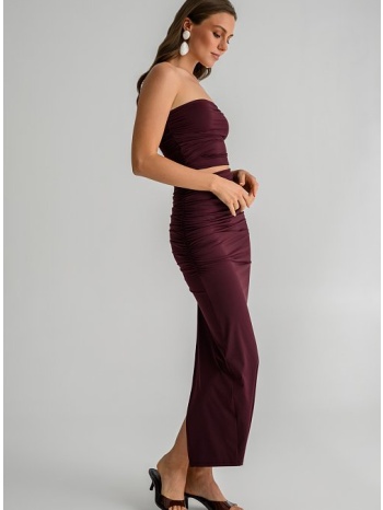 midi λύκρα φούστα με σούρες και σκίσιμο πίσω (berry)