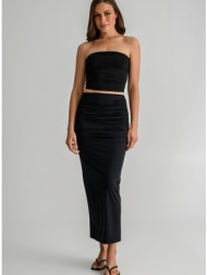 midi λύκρα φούστα με σούρες και σκίσιμο πίσω (black)