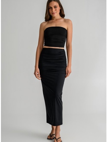 midi λύκρα φούστα με σούρες και σκίσιμο πίσω (black)