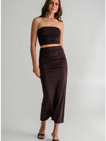 midi λύκρα φούστα με σούρες και σκίσιμο πίσω (brown)