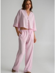 λινό straight leg παντελόνι με λάστιχο στη μέση (rose)