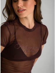 mesh τούλινο t-shirt με print (brown)