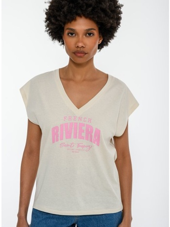 t-shirt με τύπωμα και v λαιμόκοψη (sand)
