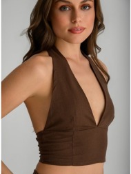 λινό halter κροπ τοπ με δέσιμο στο λαιμό (brown)