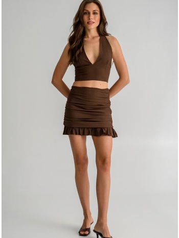 μίνι λινή φούστα με σούρες και βολάν (brown)