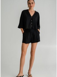 λινό ψηλόμεσο σορτς με πιέτες (black)