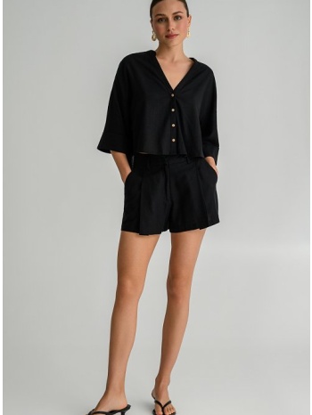 λινό ψηλόμεσο σορτς με πιέτες (black)