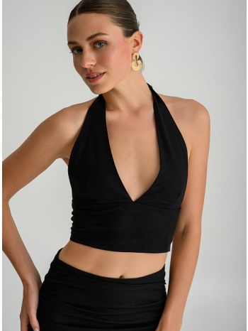 λινό halter κροπ τοπ με δέσιμο στο λαιμό (black)