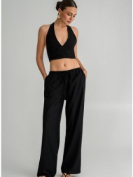 λινό straight leg παντελόνι με λάστιχο στη μέση (black)