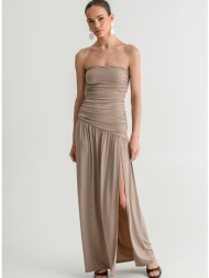 maxi strapless φόρεμα με σούρες και σκίσιμο (tan)