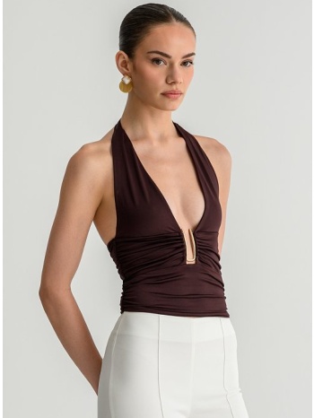 halter τοπ με σούρες και μεταλλική λεπτομέρεια (brown)