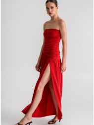 maxi strapless φόρεμα με σούρες και σκίσιμο (red)