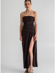 maxi strapless φόρεμα με σούρες και σκίσιμο (brown)