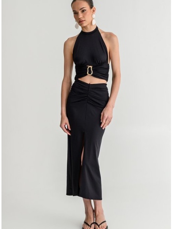 midi λύκρα φούστα με σούρες και σκίσιμο (black)