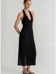 midi ρουστίκ halter φόρεμα με σκίσιμο πίσω (black)