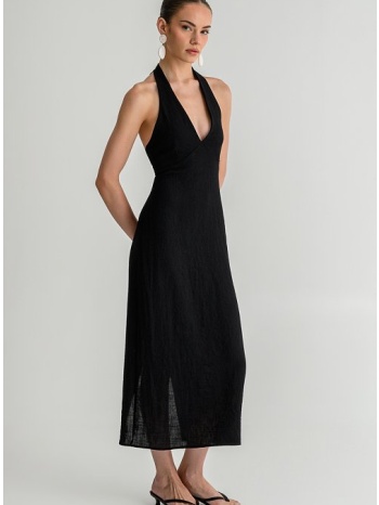 midi ρουστίκ halter φόρεμα με σκίσιμο πίσω (black)