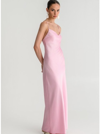 maxi φόρεμα με σατινέ υφή και τιράντες (pink)