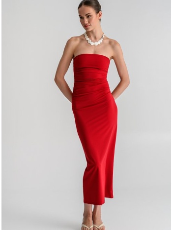 midi λύκρα strapless φόρεμα με σούρες (red)